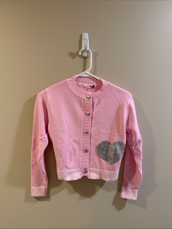 Forever & Ever Sweaters - Girls Pink Heart Sequin Cardigan Sweater